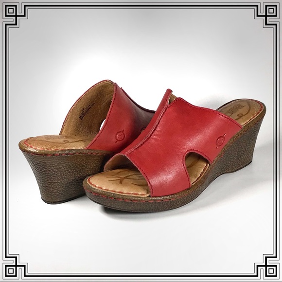 Born Shoes - Born Platform Wedge Open Toe Red Leather Slides 7